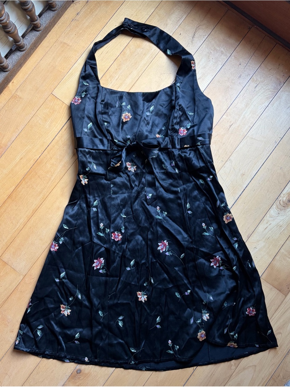 RAMPAGE Vintage Y2K Black Floral Satin Front Bow Sleeveless Halter Mini Dress XS